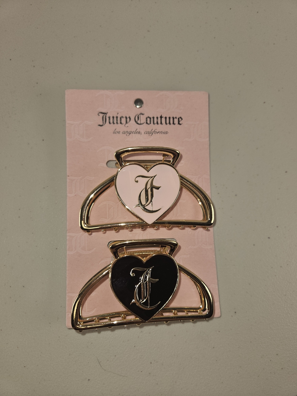 Juicy Couture Pink & Black Heart Logo Gold-Tone Metal Hair Clips